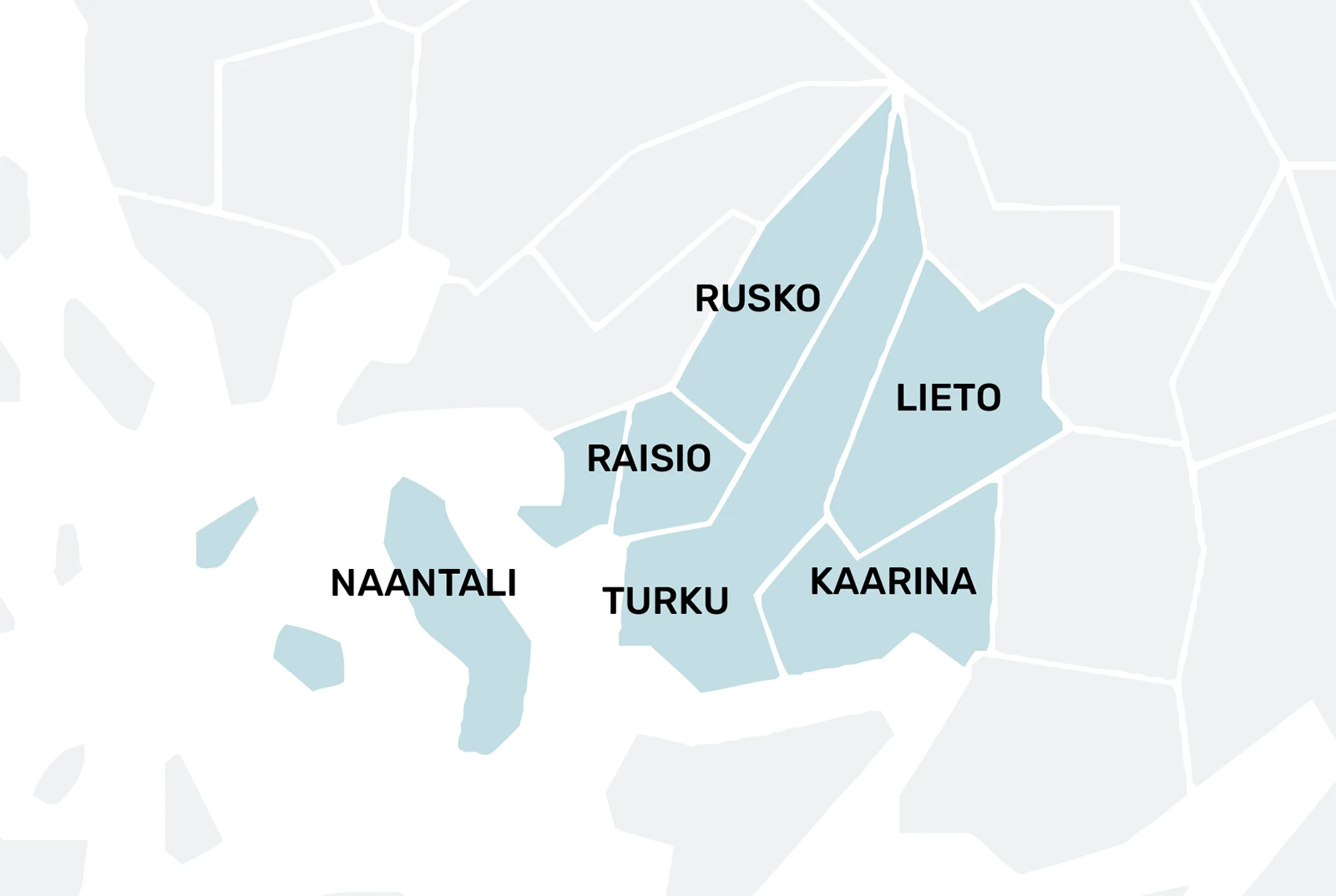Kartta, jossa merkittyna Turun kuntayhttymän eri kunnat.